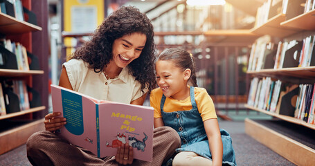 Poster - Happy child, story or teaching in school with book, development or learning growth in library. Teacher, smile or woman tutor with girl, education or kid for literature lesson, fairy tale or fantasy