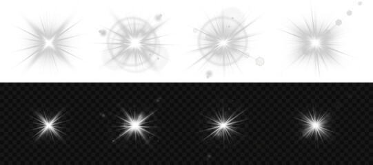 Wall Mural - Shimmering star flash glows softly in minimal compositions. Lens flare streaks burst brightly across light gradients. Abstract sunlight effect surrounds space with radiant energy. Sparkling flare line
