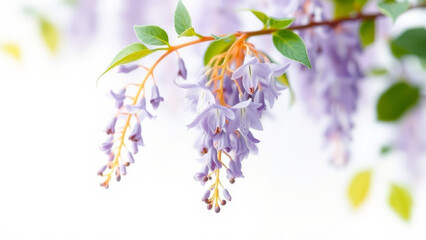 Wall Mural - Wisteria flowers with delicate purple petals hang gracefully from branch, surrounded by vibrant green leaves, creating serene and elegant scene