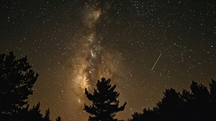 Silhouetted Trees Against a Starry Night Sky Featuring the Milky Way