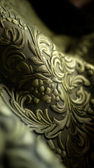  Close-up of olive-green fabric with embossed floral pattern, showing detailed texture and depth, suggesting luxury and elegance