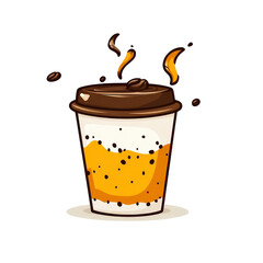 Poster - minimalist illustration of boho inspired coffee cup with splash effect, featuring warm colors and playful design. cup has lid and appears dynamic and lively