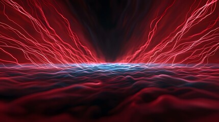 Wall Mural - The image contains an abstract rendering of a dark, wavy landscape illuminated by bright red and light blue glowing lines that emanate from a central point, creating a dramatic and energetic scene.