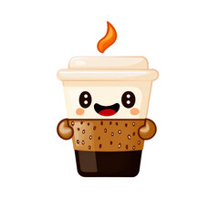 Aufkleber - cute, modern coffee cup character with smiling face and cozy sleeve, featuring minimalist design and playful expression