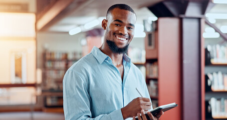 Poster - Portrait, learning and happy man with tablet in library for knowledge, education and studying in college. Technology, bookstore and African student in university with pen for academic research online