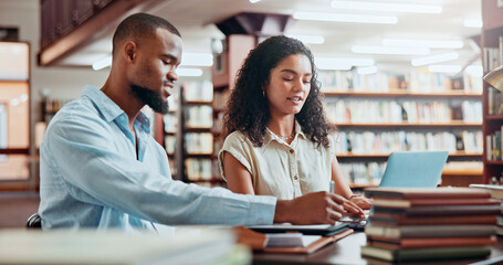 Poster - University, studying and students in library on laptop for online research, information and help for project. College, academy and man and woman with books for education, knowledge and learning