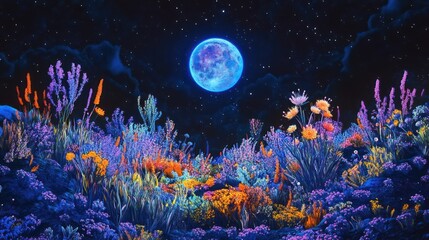 enchanted floral field under a celestial moonscape, vivid luminescence, artistic painting