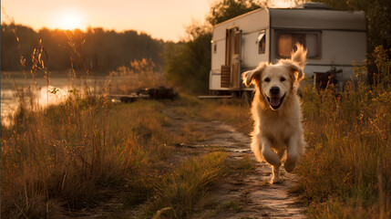 Wall Mural - Golden Retriever Running Towards Camera at Sunset Near Caravan