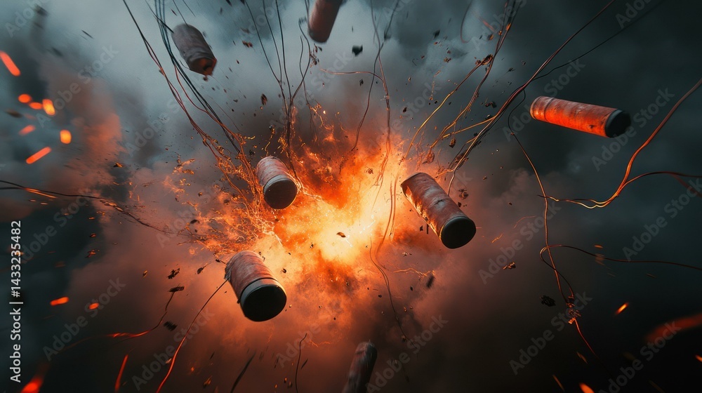 Dynamite explodes amid chaotic scene, presenting destruction, danger ...