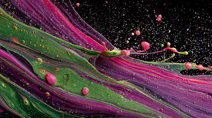 Fototapete - Abstract image of vibrant green, pink, and purple paint swirls, creating a dynamic and energetic composition, showcasing fluidity and movement