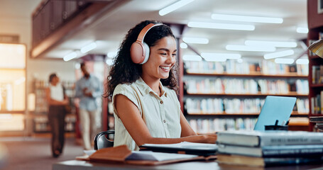 Poster - Woman, headphones and laptop in library for university, student and studying for education or project. Happy person, notes and academy campus with online video, research and assignment for knowledge