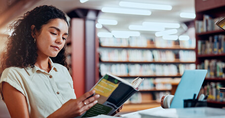 Poster - Reading book, education and woman in library at college for knowledge, learning or study for project. Textbook, university or student research for academic literature, information or test preparation