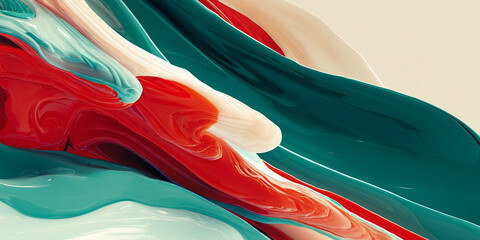Fototapete - Abstract image of flowing red, teal, and cream paint creating dynamic, wavy forms, showcasing fluidity and movement, ideal for modern design concepts