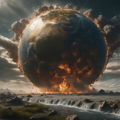 Wall Mural - ai-generated dramatic digital artwork of earth in flames rising from a turbulent ocean