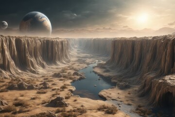 Wall Mural - ai-generated breathtaking alien landscape with towering cliffs and a distant planet