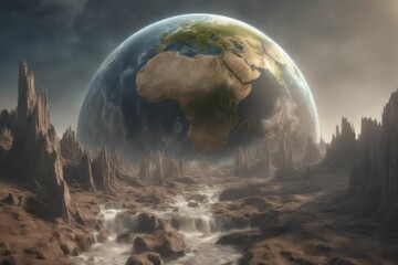 Wall Mural - ai-generated surreal landscape depicting earth hovering over an alien terrain