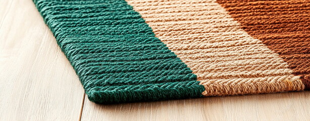 Poster - Close-up view of a colorful striped braided rug on a light hardwood floor creating a cozy atmosphere.