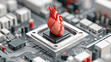 Leinwandbilder - A realistic human heart lies on top of a computer microchip in a conceptual view of healthcare technology.