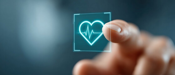 Poster - A finger holds a glowing digital screen showing a heart and heartbeat symbol for health concepts.