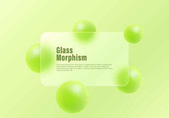 Website landing page template in glass morphism style. Presentation screen with glass overlay effect on floating gradient lime colored spheres. Frosted glass effect on lime haze background.