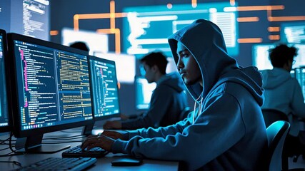Young programmer working late in a dark room with multiple computer monitors, displaying complex code and cybersecurity data.

