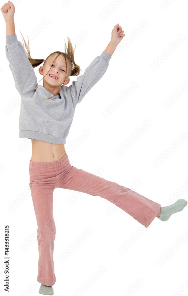 An Energetic and Happy Young Girl Jumping with Arms Up in the Air On ...