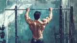 A bodybuilder does pull-ups on a horizontal bar in a gym