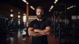 White man with beard in black t-shirt in gym