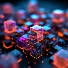 Poster - Abstract Neon Cubes: A Digital Grid of Light and Shadow with a Futuristic Feel