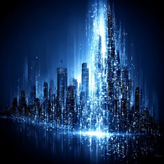 Aufkleber - Futuristic Blue Cityscape: A Digital Metropolis with Streaming Lights and Reflections, Showcasing Technological Advancement