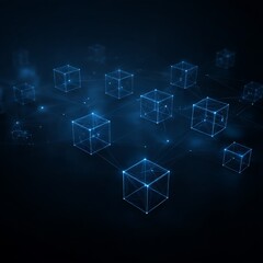 Aufkleber - Interconnected Network of Blue Cubes: Representing Blockchain, Data Flow, and Futuristic Technology