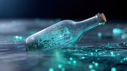 A glass bottle floating on a glowing digital ocean, message inside is a holographic code, lost data transmission