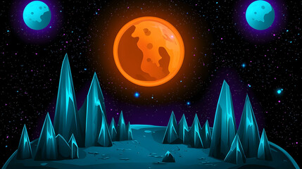 Wall Mural - alien planet landscape with orange sun, blue crystals, and two moons; perfect for science fiction ga