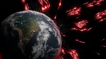 Wall Mural - planet earth with visible south america at night and glowing red digital arrows in outer space. 3d r