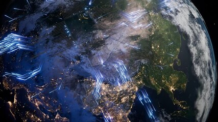 Wall Mural - planet earth with visible central and east asia at night and glowing blue digital circuit arrows. 3d