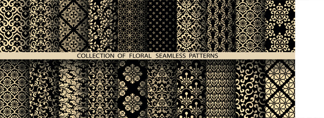 Fototapete - Geometric floral set of seamless patterns. Golden and black vector backgrounds. Damask graphic ornaments