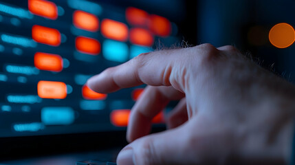 Canvas Print - hand interacting with colorful digital interface at night