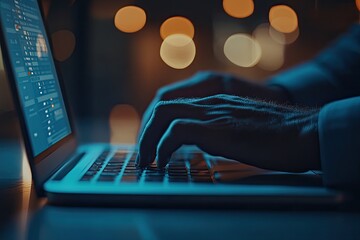 person typing on a laptop with a blurred background