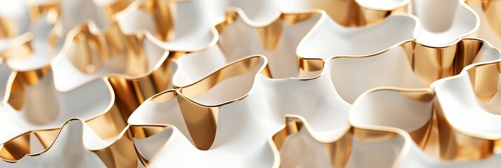 Abstract macro background of undulating white shapes with reflective gold metallic edges. Elegant, luxurious, and modern pattern with shallow depth of field.
