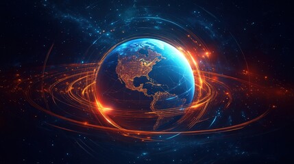 Wall Mural - earth icon surrounded by orbiting rings, symbolizing global connectivity