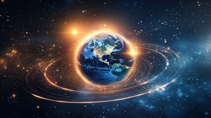 Wall Mural - earth icon surrounded by orbiting rings, symbolizing global connectivity