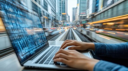 Coder types code on laptop, city commute background