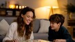 © CREATIVE STOCK - Mother and Son Playing Board Game at Home, Realistic Family Stock Photo