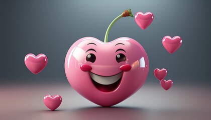 Wall Mural - smiling pink cherry with hearts 3d render