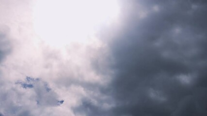 Wall Mural - Ominous Dark Storm Clouds Moving Over White Cloudy Background Timelapse. Natural Sky Background Wallpaper Footage.
