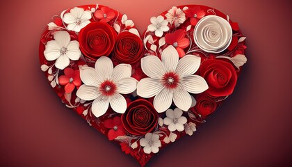 Wall Mural - romantic heart shaped floral design with red and white blossoms