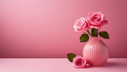 Wall Mural - pink vase with pink rose on pink background