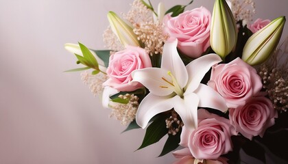 Wall Mural - pink roses and white lily floral arrangement