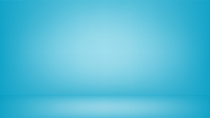 Light blue studio background with light spot in the center. Empty 3D room with monochrome wall and floor, color gradient. Vector horizontal banner back for product presentation, HD template.