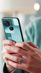 Aufkleber - Hands, phone and social media with business person in office for communication or text message. App, connectivity and search with employee scrolling or typing on mobile for workplace networking